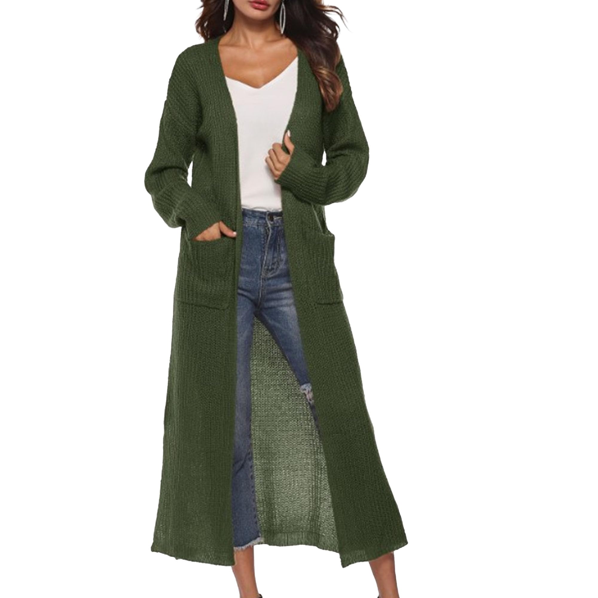 Womens Mesh Long Knee Length Cardigans Cable Knitted Open Front Outerwear Solid Color Sweater Coat with Pockets (X-Large,Army Green)