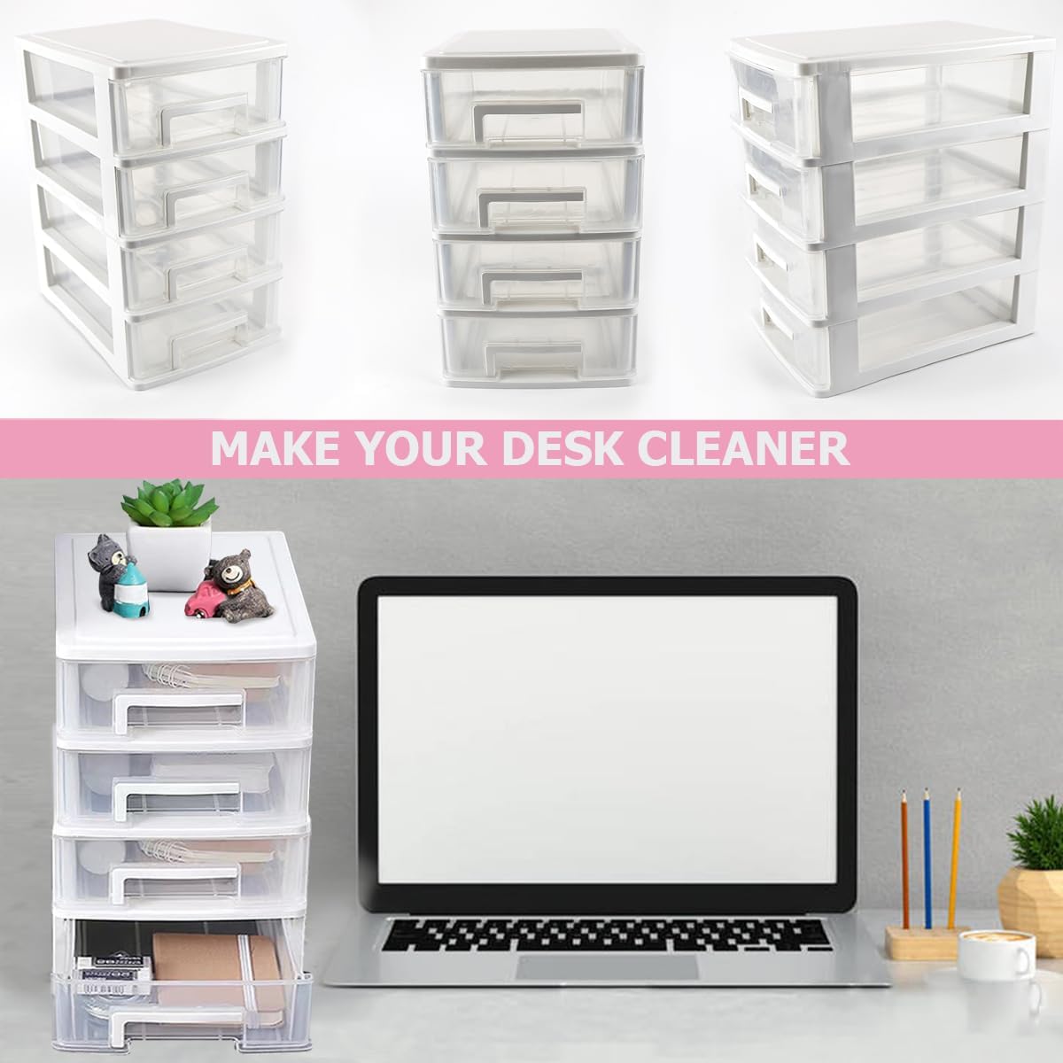 4 Tier Plastic Drawer Type Closet,Portable Storage Cabinet Sundries Storage Cosmetics Jewelry Storage Box for Home Office（White）