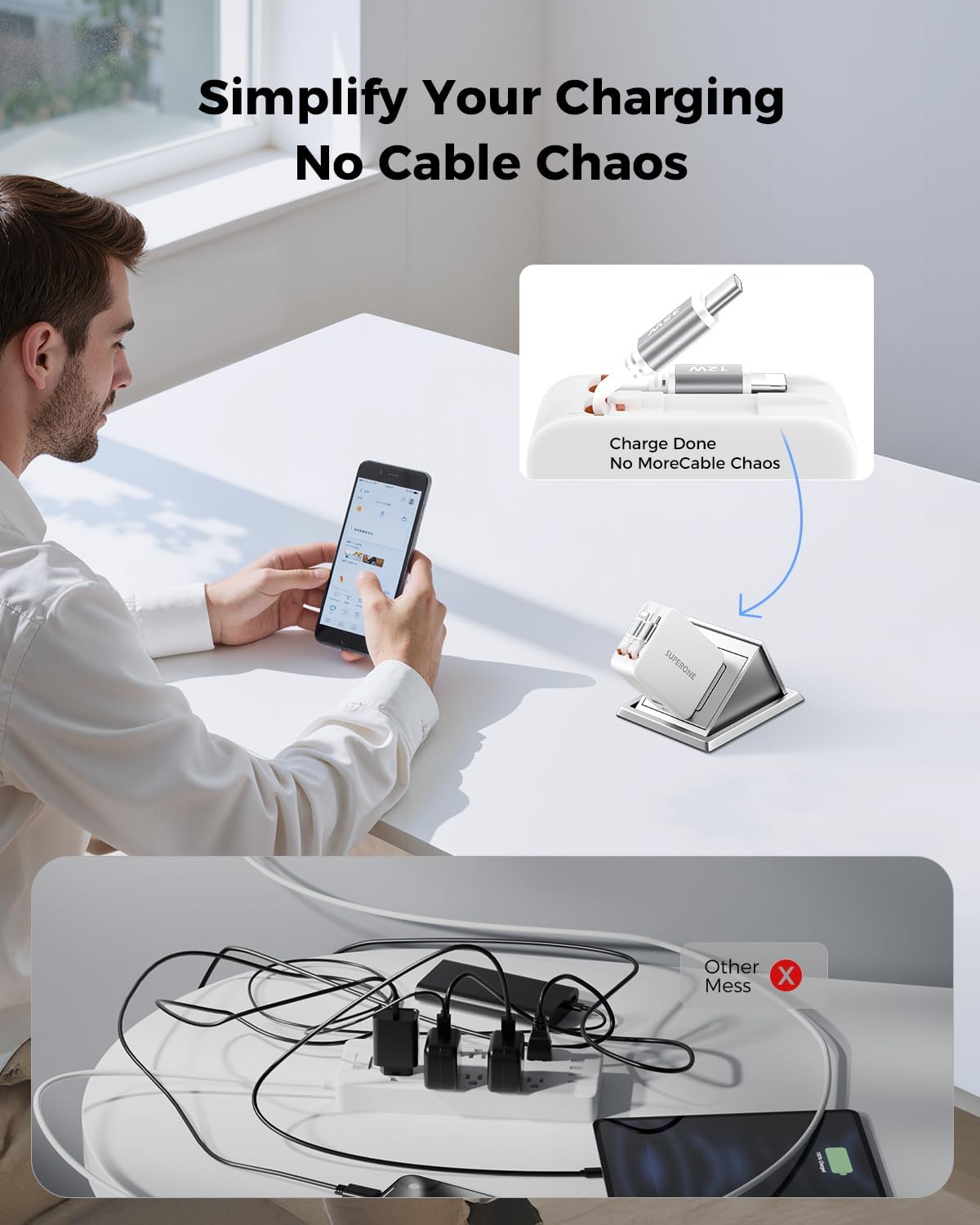 SUPERONE 4-in-1 Retractable Wall Charger, 35W PD Fast Charger with 3.3ft Cable (Longest on Market), GaN6 USB-C Plug Block for iPhone 17/16/15 Samsung Galaxy iPad Pixel