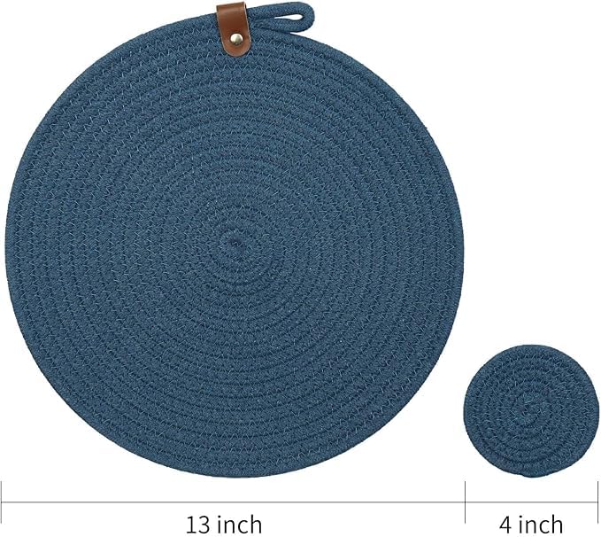 Image of Cotton Rope Placemat Set with Coasters and Holder 6 Pieces Round Woven Table | Mats Natural Beige Heat Resistant | Dining Table Decor | Durable Washable Kitchen Accessories (Royal Blue)