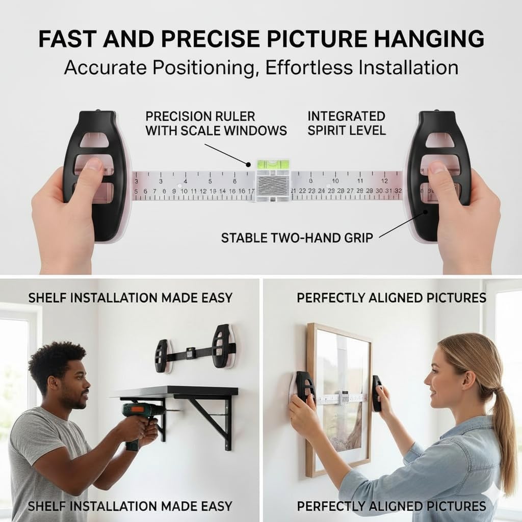 Picture Hanging Tool with Level, Magnetic Nail Holder and Ruler, 3-in-1