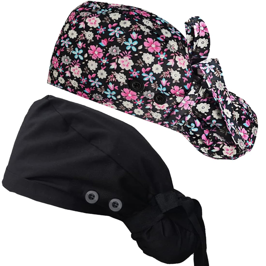 ATHPIK Satin-Lined Surgical Scrub Caps for Nurses/Doctors with Long Hair –Breathable Cotton Surgeon Cap for Healthcare Professionals?Black/Little Pink Rose