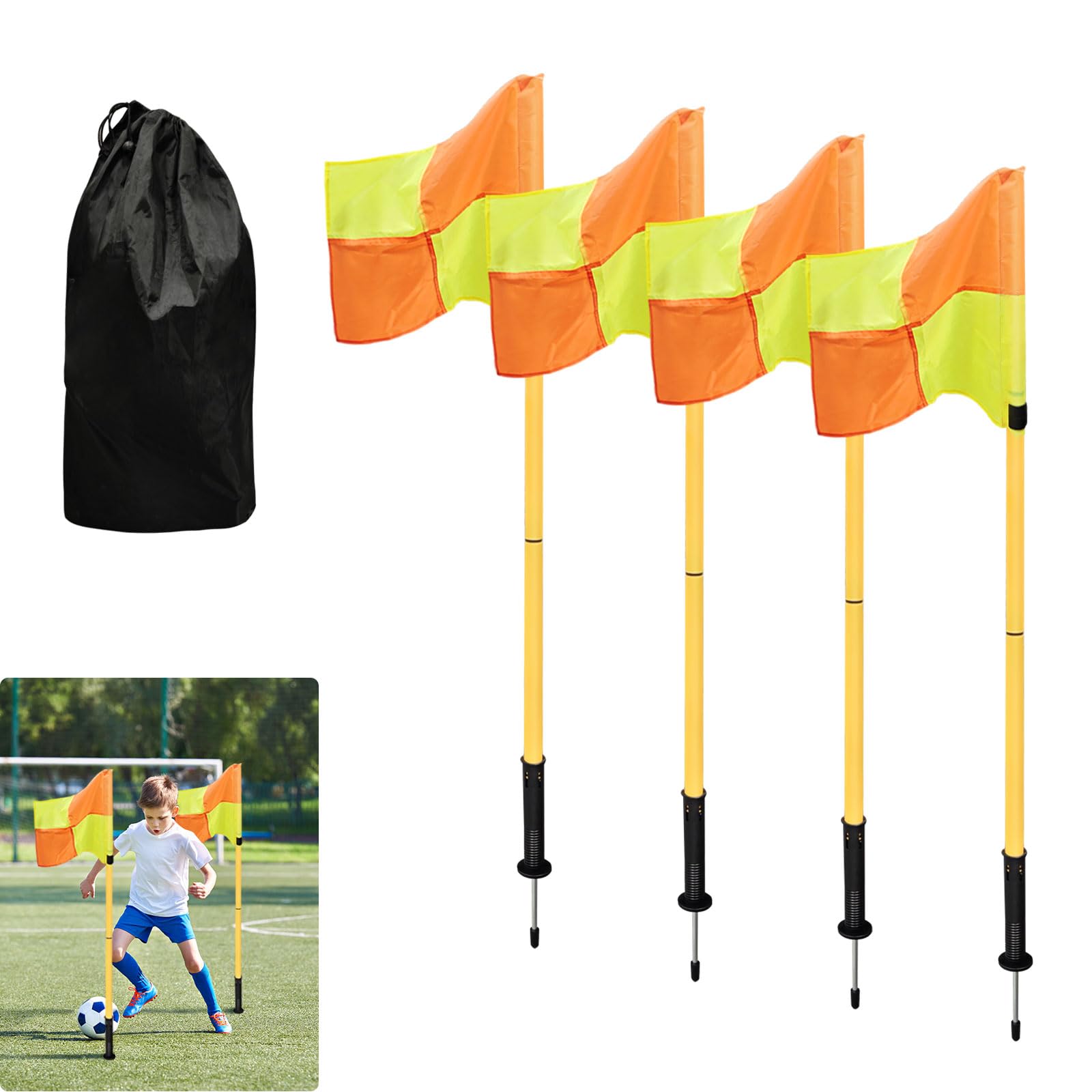 Juego de 4 banderas de esquina de fútbol, postes de entrenamiento de 5 pies para campo de fútbol, postes de bandera de esquina portátiles para entrenamiento de velocidad y agilidad, equipo de campo y
