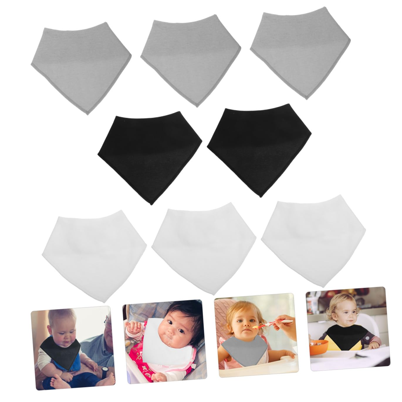 8 piezas Baberos Infantiles Multifuncionales de Algodón de Negros Pañuelos Triangulares para Bebés Toallas Absorbentes para Alimentación y Saliva