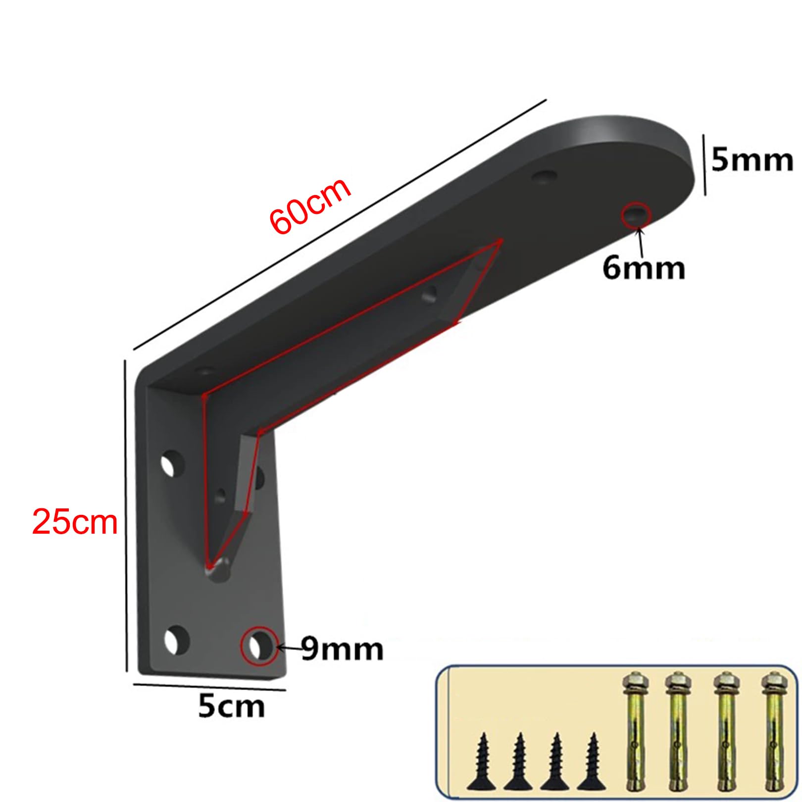 2 Piezas Escuadras para Estanterias de Alta Resistencia,Escuadras Metalicas Soportes para Estantes Pesados de Pared,Soportes para Estanterías Flotantes,Con Tornillos (60cm x 25cm,Negro)