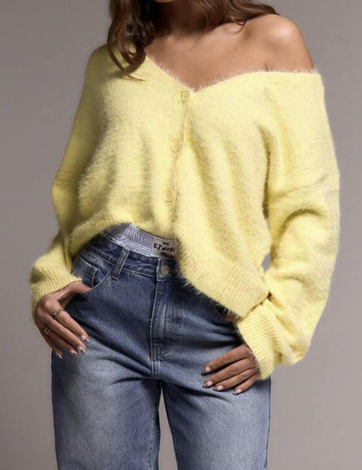 Wyeysyt Womens Fuzzy Cardigan Sweater V Neck Button Down Oversized Casual Furry Sweater 2026 - Image 5