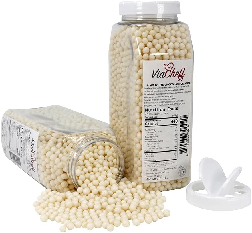White Chocolate Flavored Crispies (6mm) - Crunchy Dessert Topping to Sprinkle on Ice Cream, Cakes, Cupcakes, Cookies, Candy and Donuts. - 1 lb. Shaker Jar - Dairy-free