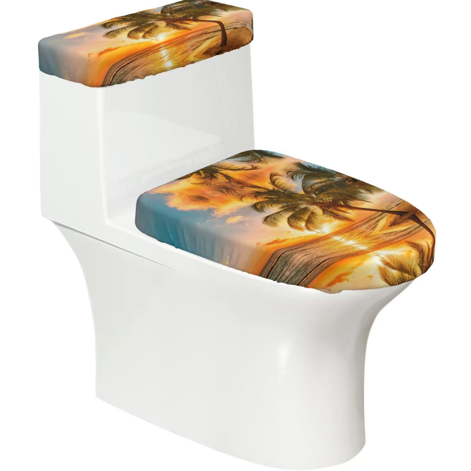 Sunset Hawaiian Palm Tree Waves Print Toilet Seat Lid And Tank Covers Universal Fit Smooth Seat Cushion Easy To Clean For Home Hotel
