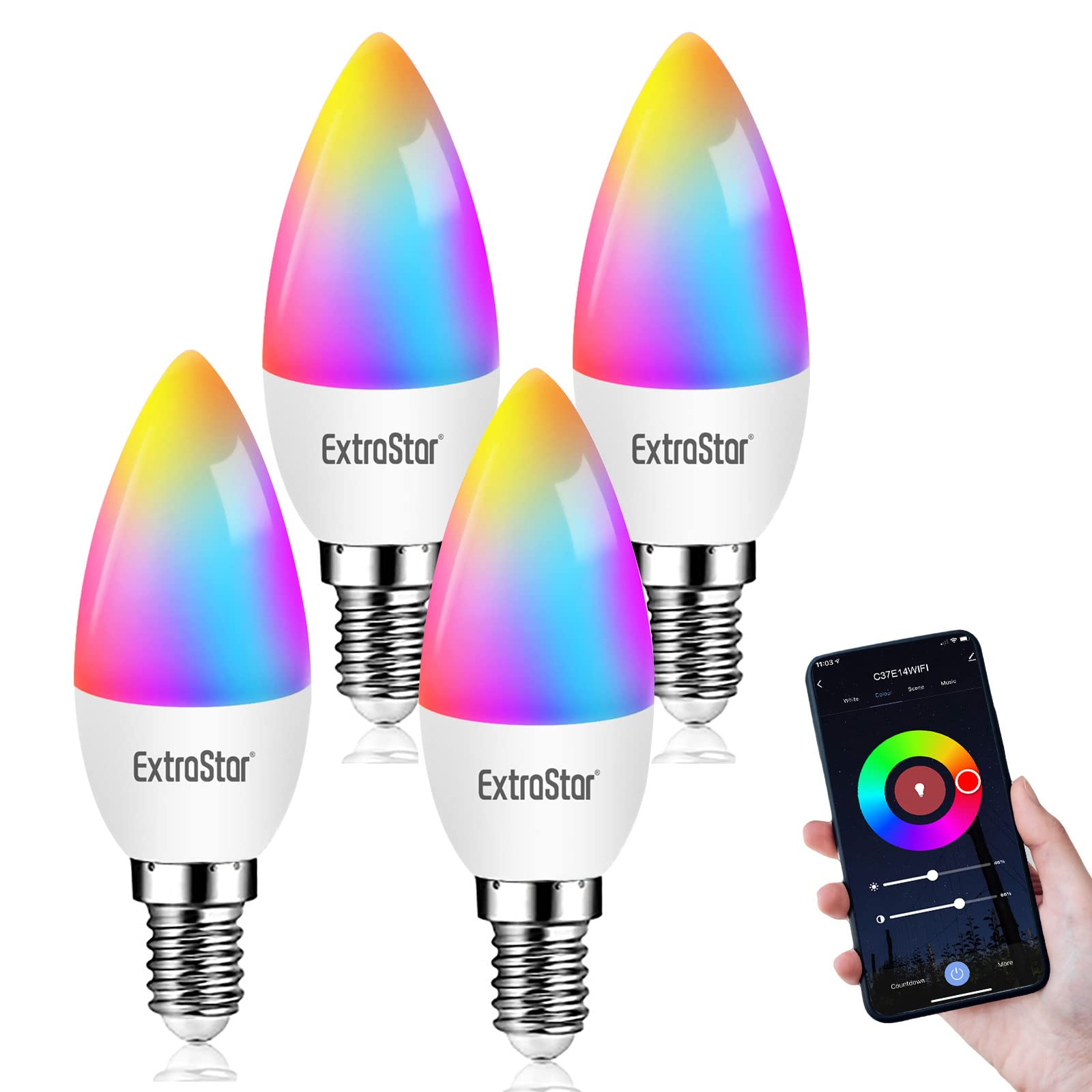 EXTRASTAR EXTRASTAR E14 Smart Bulb, Alexa Light WiFi LED Candle Bulbs C37, 6W 600lm, WiFi RGB Color Dimmable Multicolor + Warm or White Light, Compatible with Alexa and Google Home, Pack of 4
