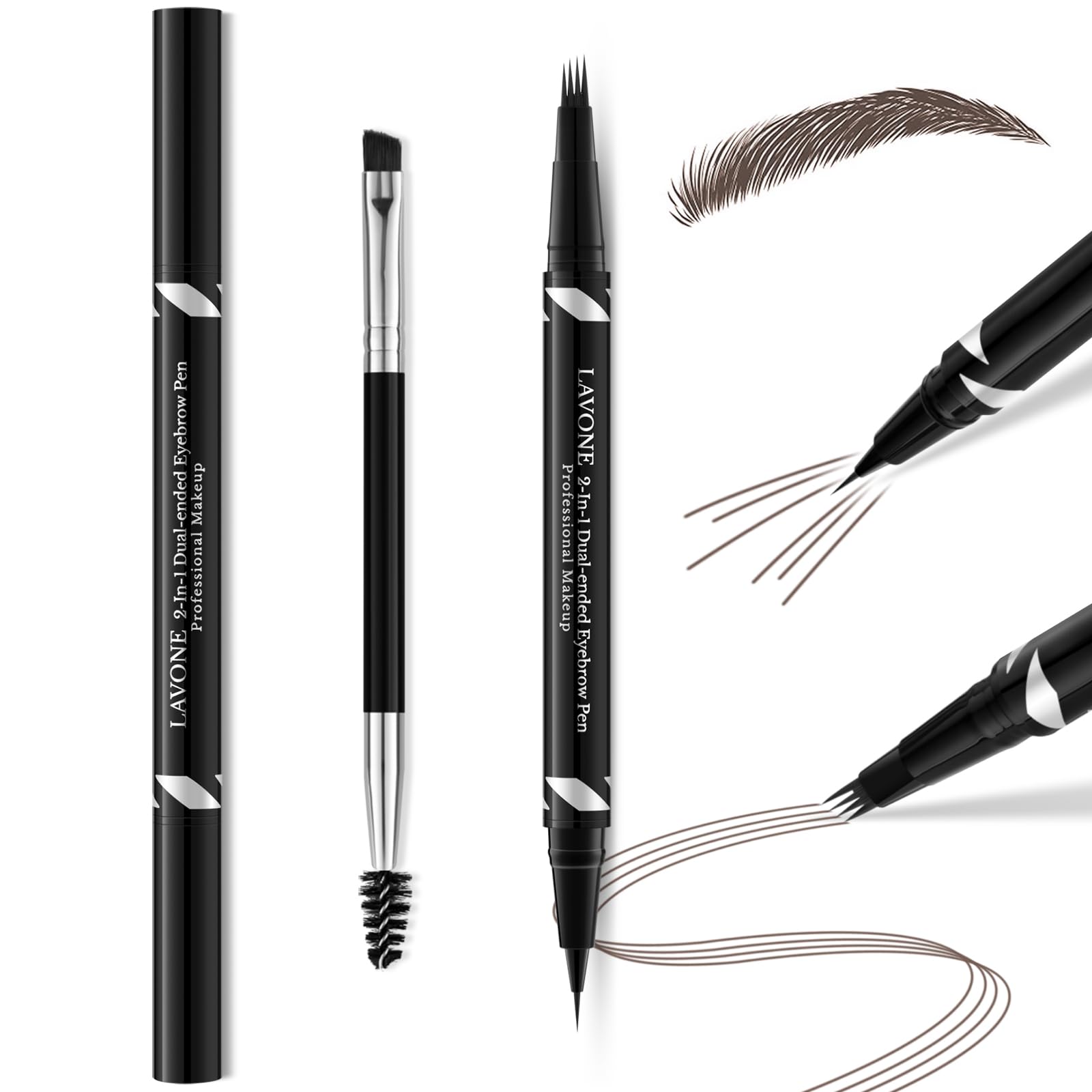LAVONE 2-in-1 Waterproof Eyebrow Pen, 4 Tip Microblading Pen, Black Brown