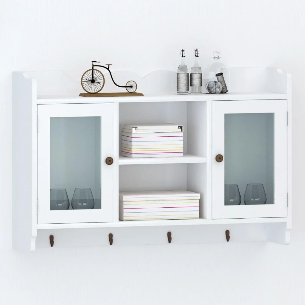 Festnight Wall Mounted Display Cabinet Shelf with 2 Glass Door Storage and 4 Hooks Book DVD Collectables Entryway Living Room Home Office Wall Decor Furniture White Festnight Wall Mounted Display Cabinet Shelf with 2 Glass Door Storage and 4 Hooks Book DVD Collectables Entryway Living Room Home Office Wall Decor Furniture White