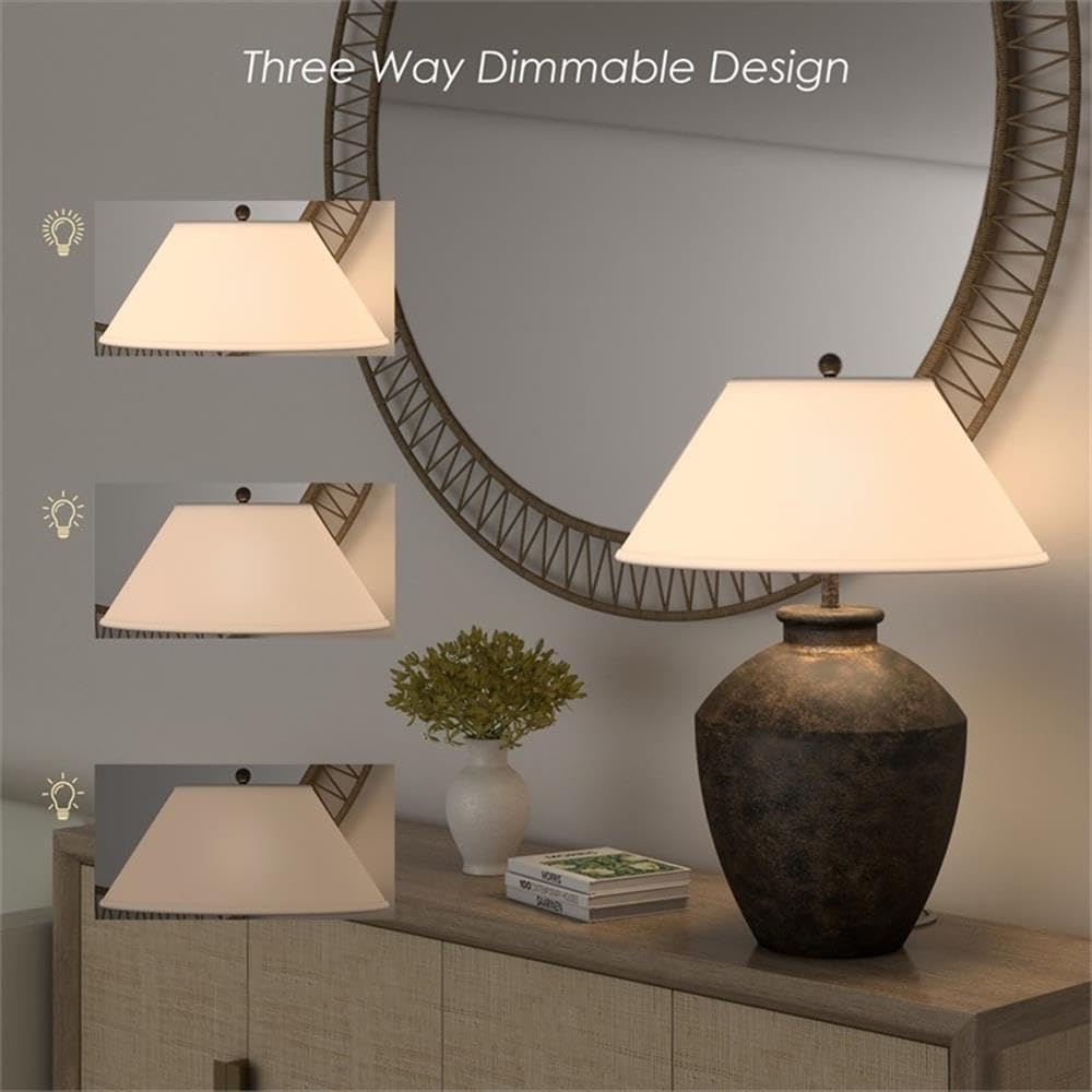 Pemberly Row Contemporary 30.5" Table Lamp, Black Resin Base Terracotta Look, White Linen Triangle Shade, 3-Way Switch, Modern Coastal Style Lighting for Living Room or Bedroom