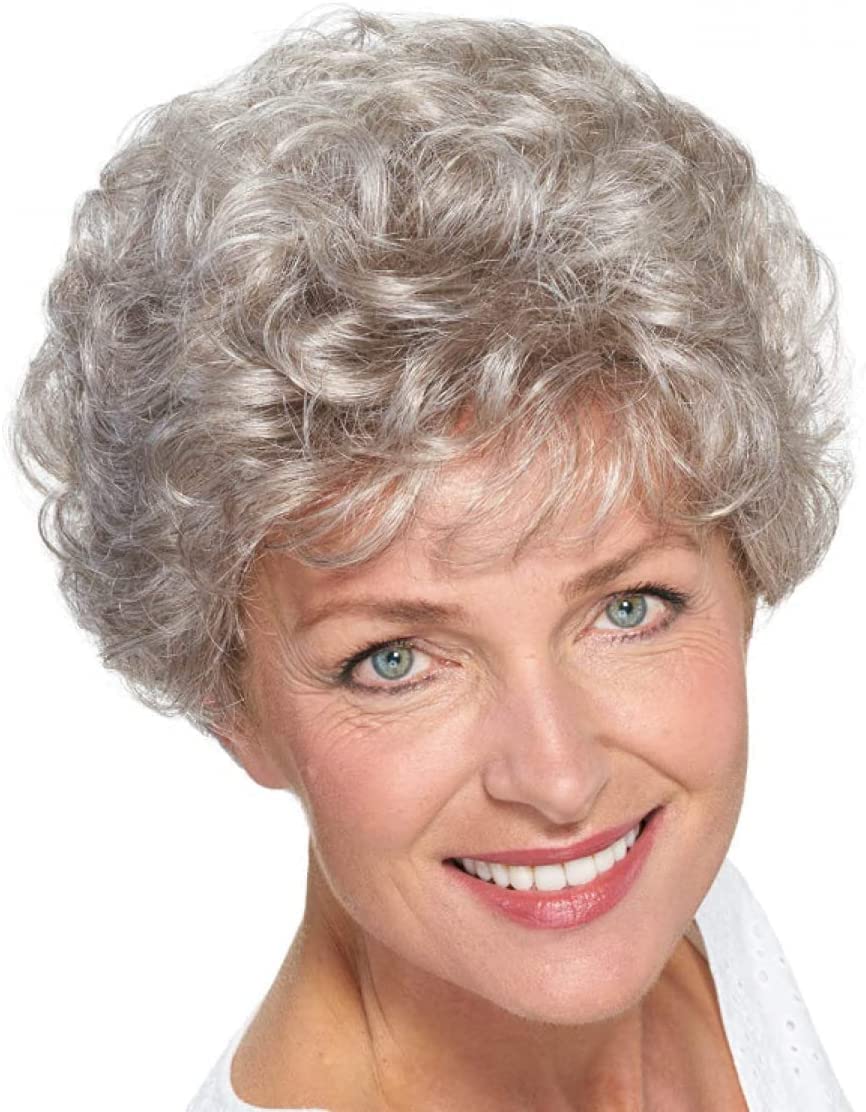 RicHyun Womens Short Grey Wig Natural Curly Grey Blonde Wig Synthetic Heat Resistant Hair Replacment Wig for Daily Party Costumes