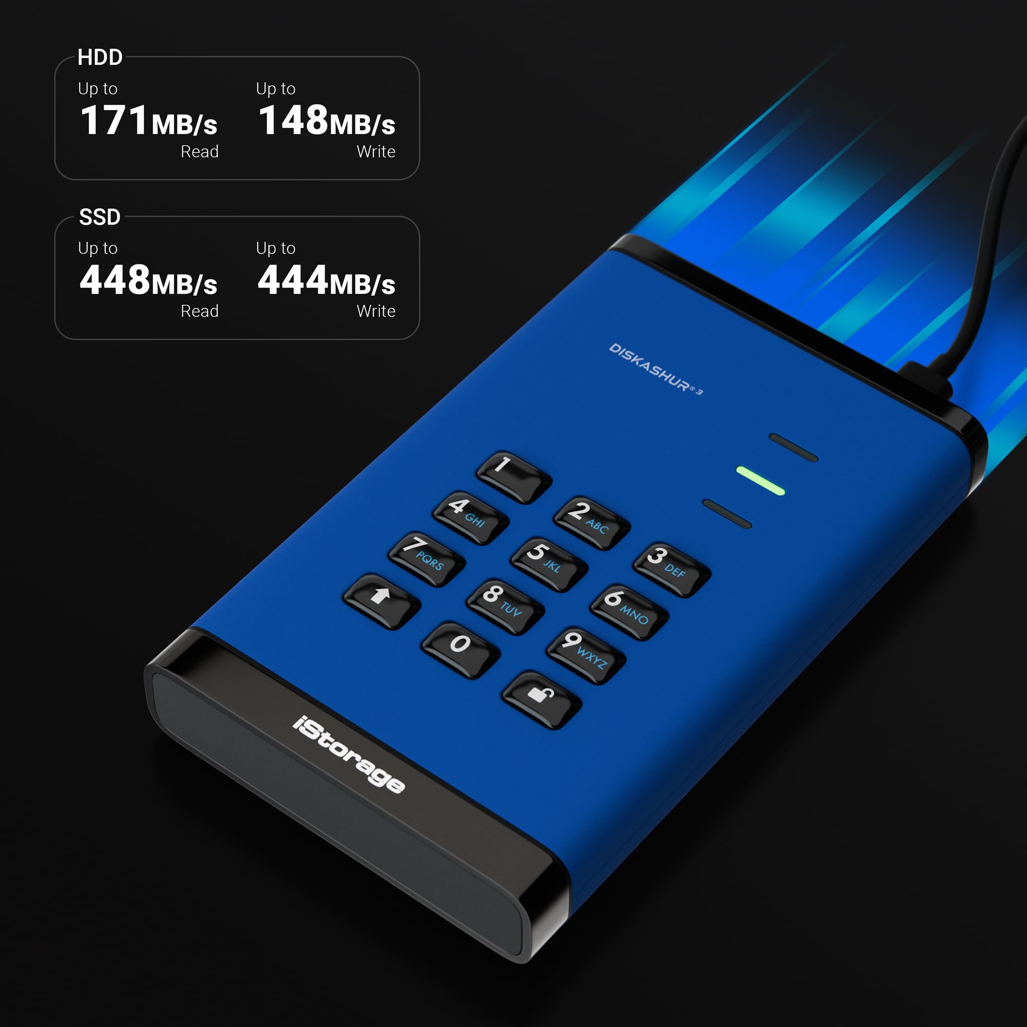 iStorage diskAshur3 HDD 5TB Niebieski - Bezpieczny przenośny dysk twardy - Ochrona hasłem - Odporny na kurz i wodę - Szyfrowanie sprzętowe