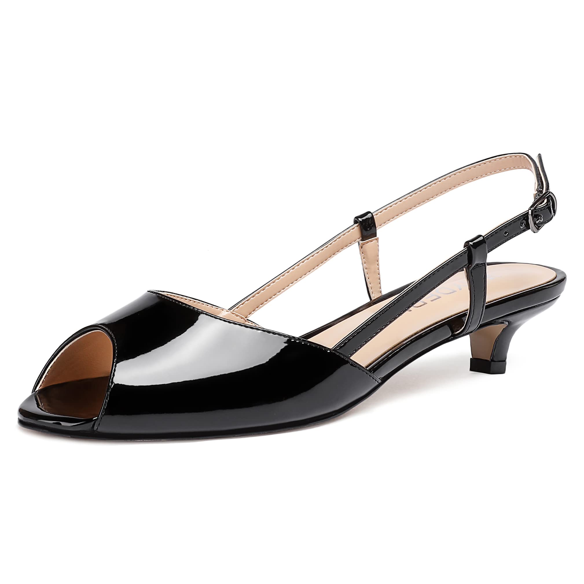 Wayderns Womens Slingback Peep Toe Patent Solid Kitten Low Heel