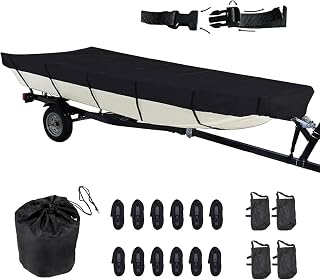 420D Upgraded Jon Boat Cover 12-14ft Heavy Duty Trailerable Jon Boat Cover Waterproof UV Resistant Marine Grade Reinforced Adjustable Side Straps Black