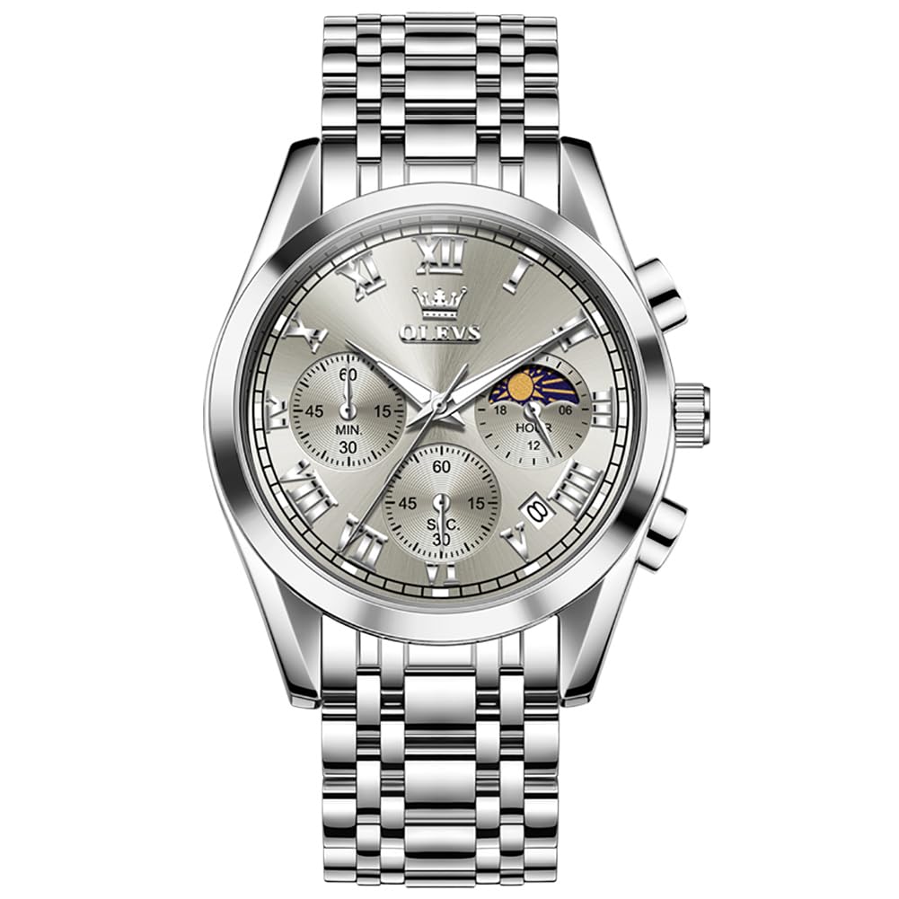 OLEVS Herren Armbanduhr, Klassisches Edelstahl Chronograph Uhren Herrenuhren, Luxus Großes Zifferblatt Analoger Quarz Herrenuhr, Leuchtend mit Datum Wasserdicht Uhren Herren