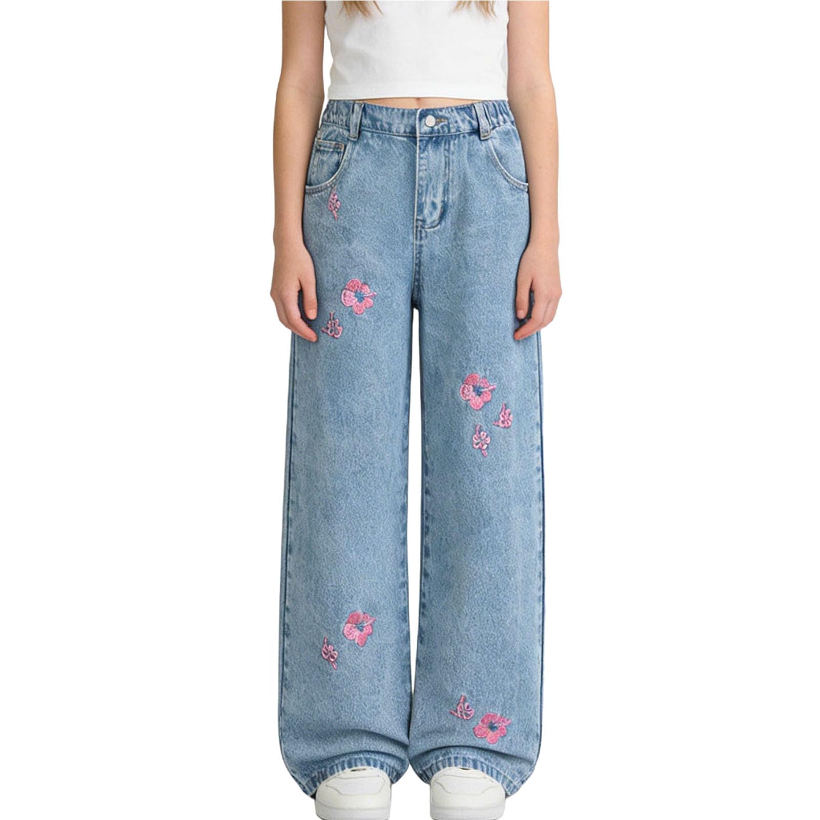 Vaqueros Baggy para Niñas,Cintura Alta Elástica Pierna Ancha Pantalones de Denim con Bordado de Floral Casual Hip Hop Jeans Holgados Recto Pantalon Vaquero con Bolsillos para Niños 6-13 Años