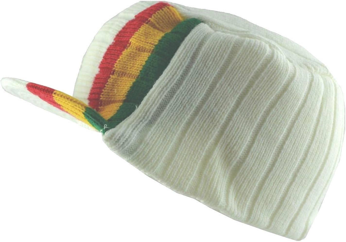 K Men's Rasta Visor Stripe Beanie Cap White Red Yellow Green