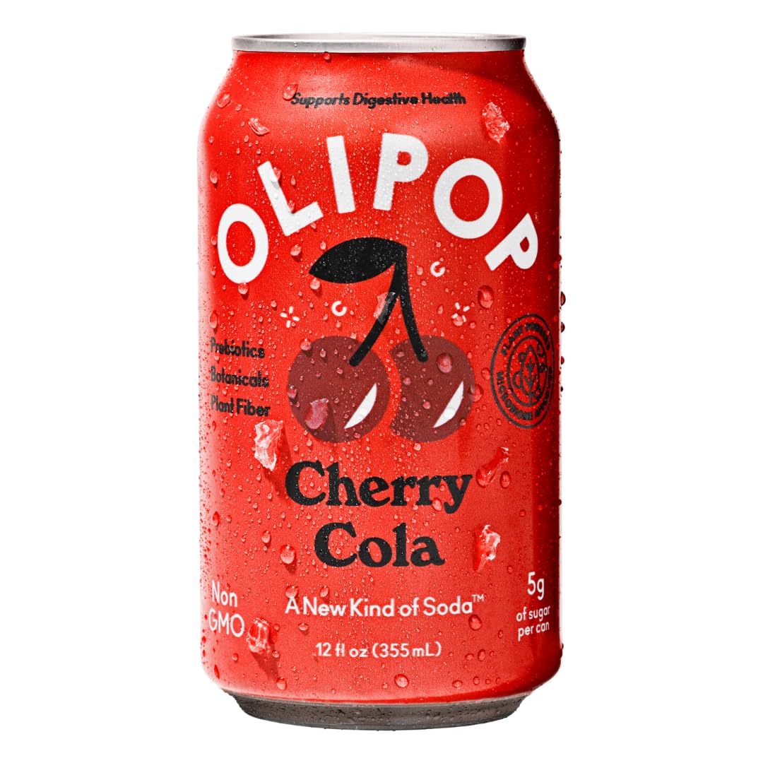 OLIPOP Prebiotic Soda Pop, Cherry Cola, A New Kind of Soda Packed with Prebiotics, Fiber, and Botanicals, Gluten Free, Vegan, GMO Free, 12oz (12-Cans)