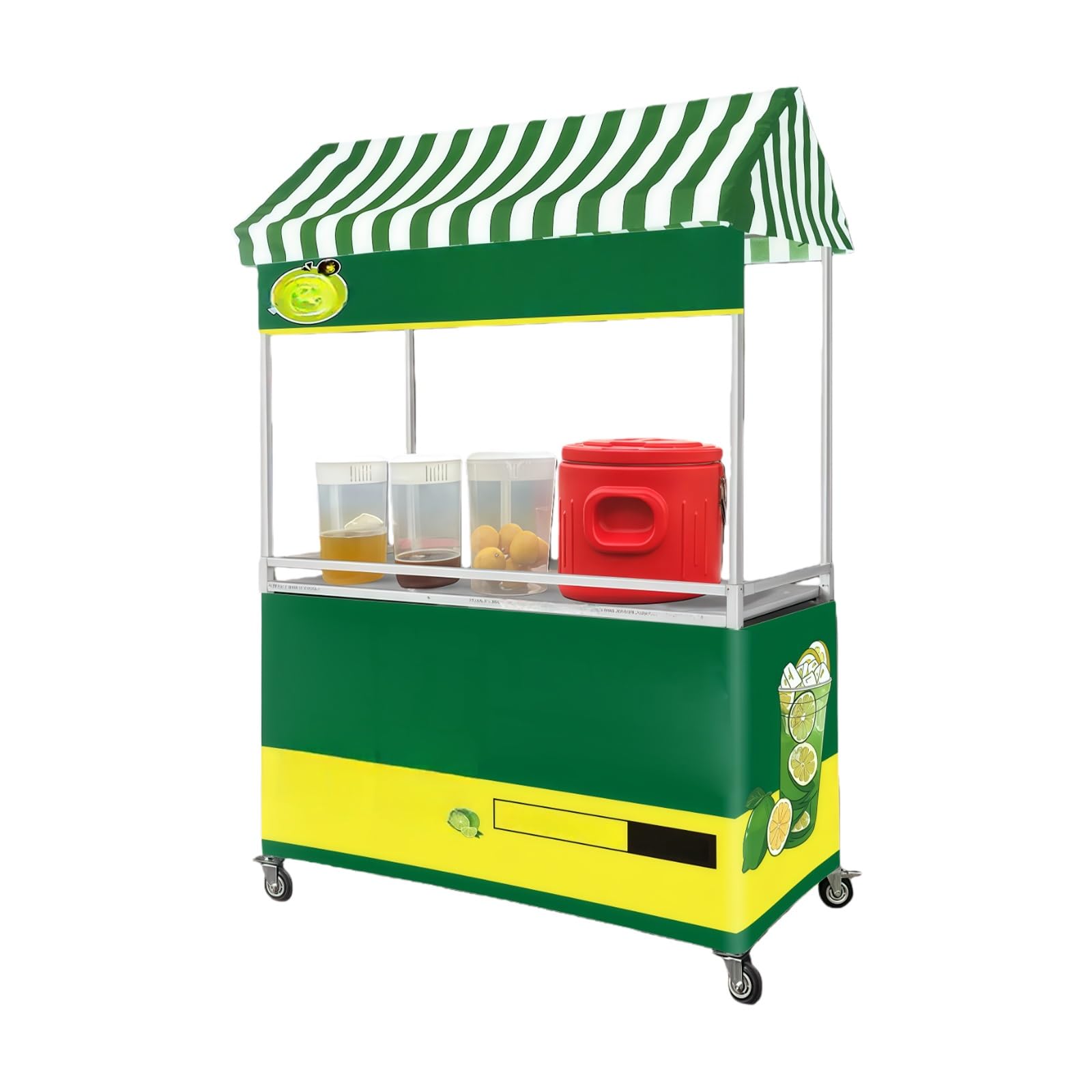 Marktstand Verkaufsstand Mobiler Verkaufswagen, Faltbarer Outdoor-Food-Cart Mit Gestreifter Markise, Doppellagigen Ablagen Und Feststellbaren Rollen, Für Märkte, Street-Food, Getränke & Events