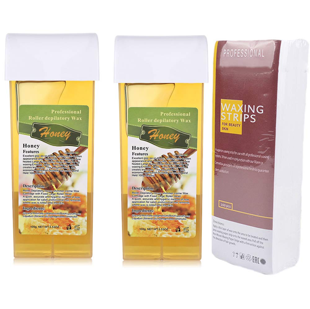 iMeshbean Depilatory Wax Heater Roller Body Hair Removal Portable Cartridge Roll On Waxing Machine with Heater Base for Personal & Professional Use Beauty Salon (Honey Wax Cartridge 2Pack)