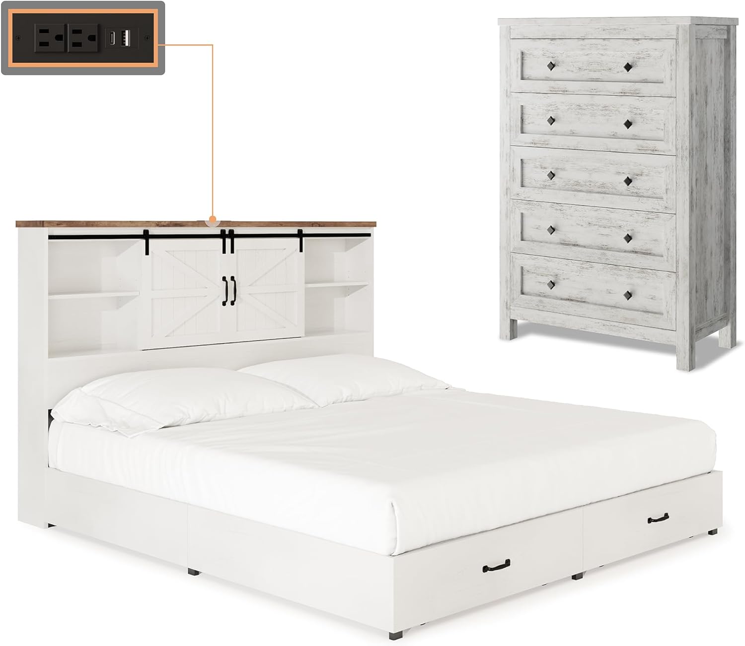 AMERLIFE King Bed Frame and Tall Dresser, 2Piece Bedroom