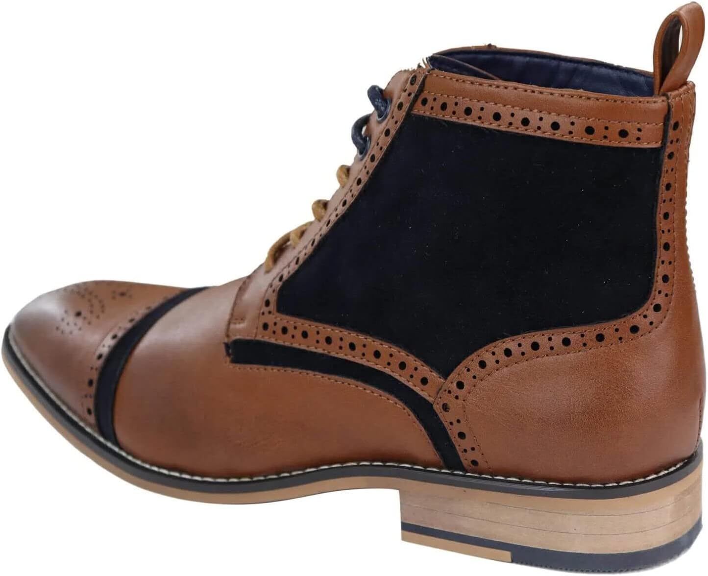 House Of CavaniMens Tan Leather Navy Suede Classic Oxford Formal Laced Ankle Vintage Boots