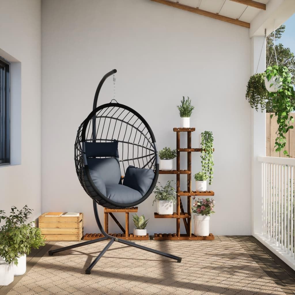 Silla colgante con diseño de huevo con estructura de acero y ratán en color antracita, 104 x 100 x 197 cm, con cojín extraíble para balcón, terraza y exterior para relajarse y columpiarse