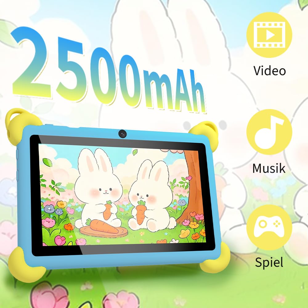 Veidoo 7-Zoll Android Kinder-Tablet, 2+32 GB, Dual-Kameras, stoßfeste Hülle, integriertes Hasen-Ständer-Design, Abnehmbarer Schultergurt, Quad-Core Prozessor, iwawaAPP, Elternkontrolle