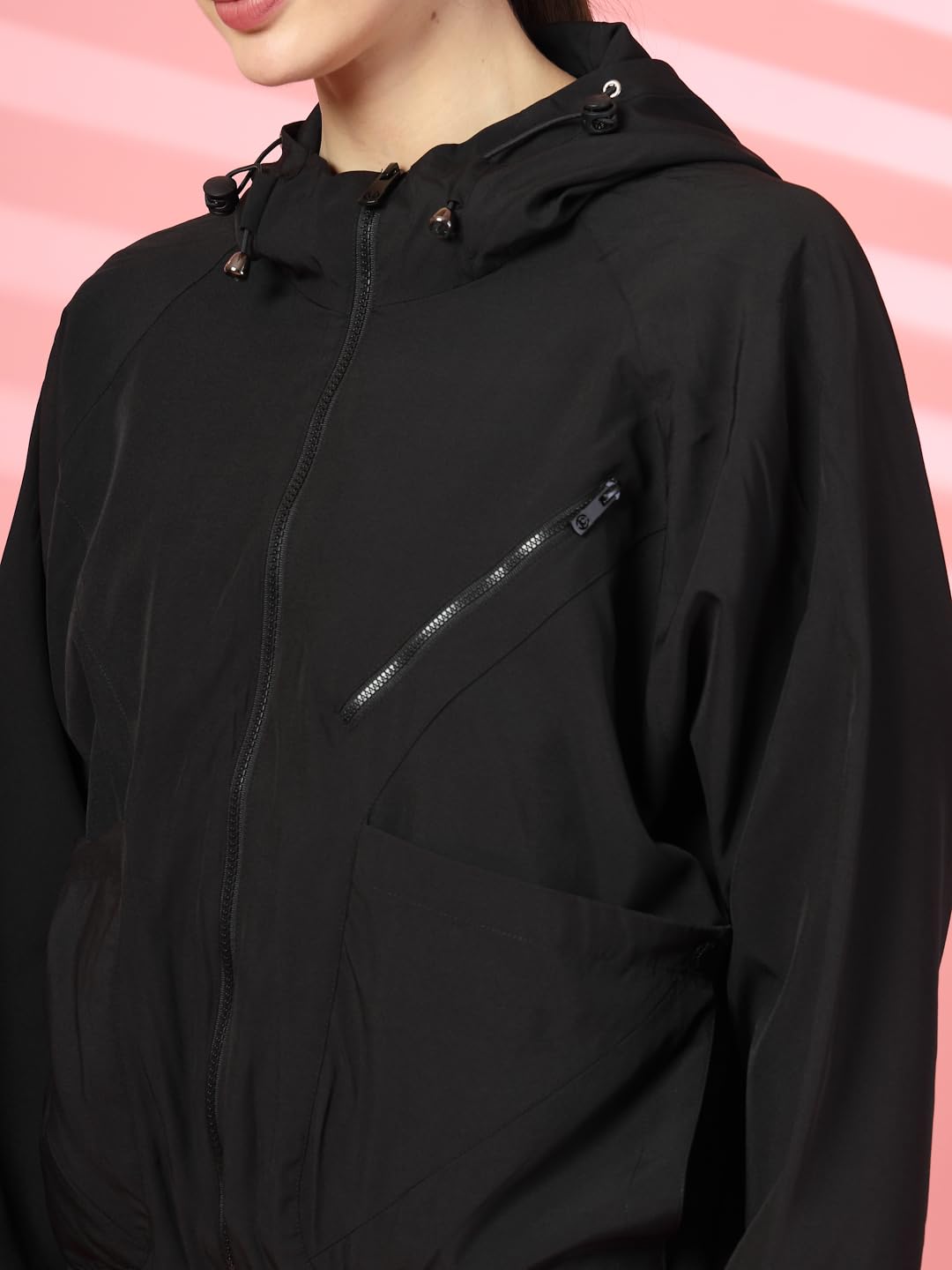 CHKOKKO Womens Stylish Oversized Windcheater Jacket with Zip Closure Lightweight Sportswear for Running Travel Hiking Outdoor and Rainy Season Wear Black XXL 4