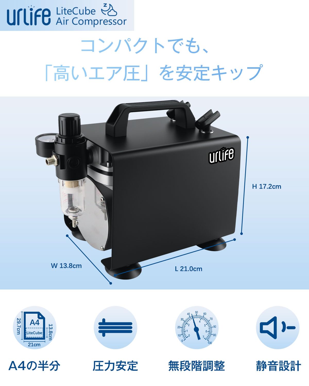 Amazon.co.jp: urlife コンプレッサー 小型 A4の半分でも 高圧域 安定