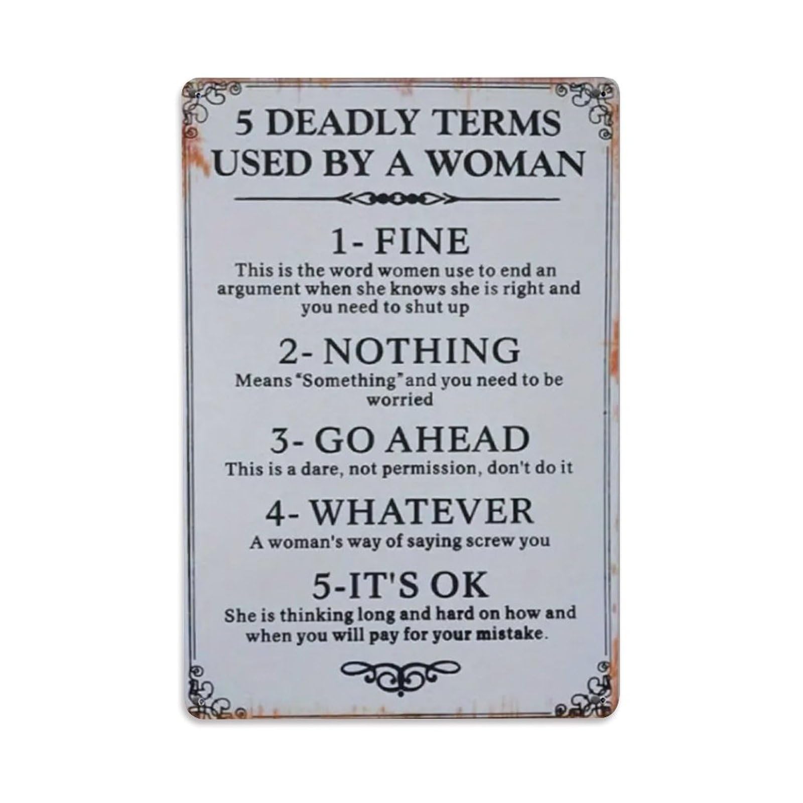 5 Deadly Terms Used by Women Metal Tin Sign Vintage Garden Bedroom Cafe Bar Man Cave Home Wall Decor Metal Poster 8x12 in