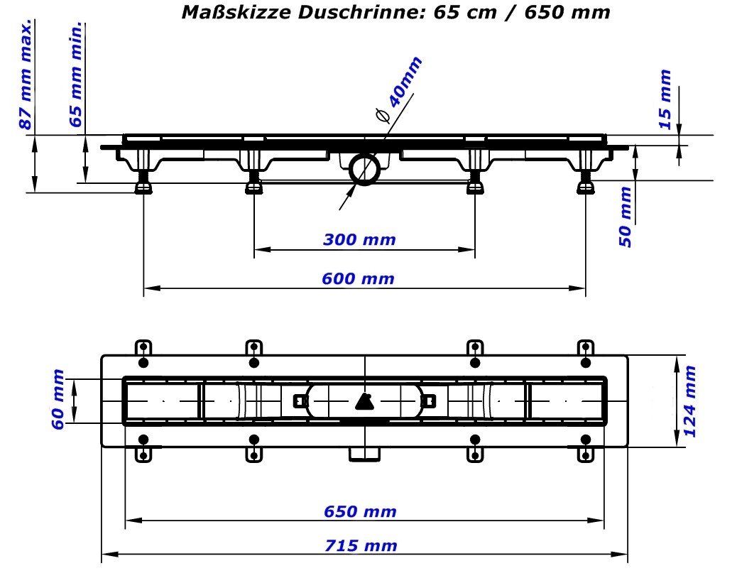 MCH Canaleta de ducha de acero inoxidable, 65 cm, modelo Square