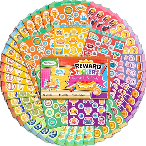 HORIECHALY Smelly Stickers Scratch and Sniff for Kids, 48 Sheets Positive Reward Pattern, 1320 Pieces 12 Scents Funny Scented Stickers, Prize Motivational Tool for Teachers, Students, and Toddlers