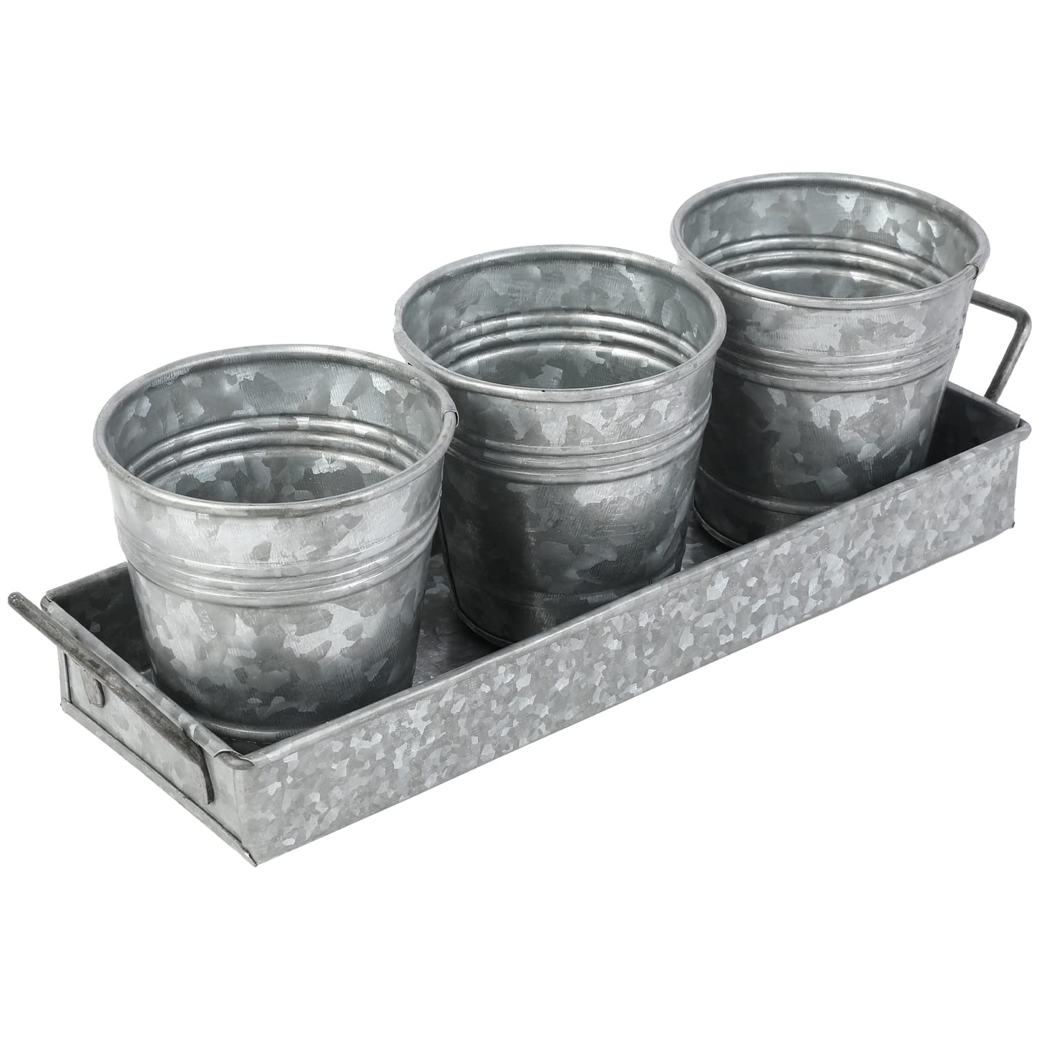 MyGift Handcrafted Farmhouse Galvanized Metal Plant Pot Set, Small Bucket Succulent Planter and Removable Display Tray with Handles - Handmade in India