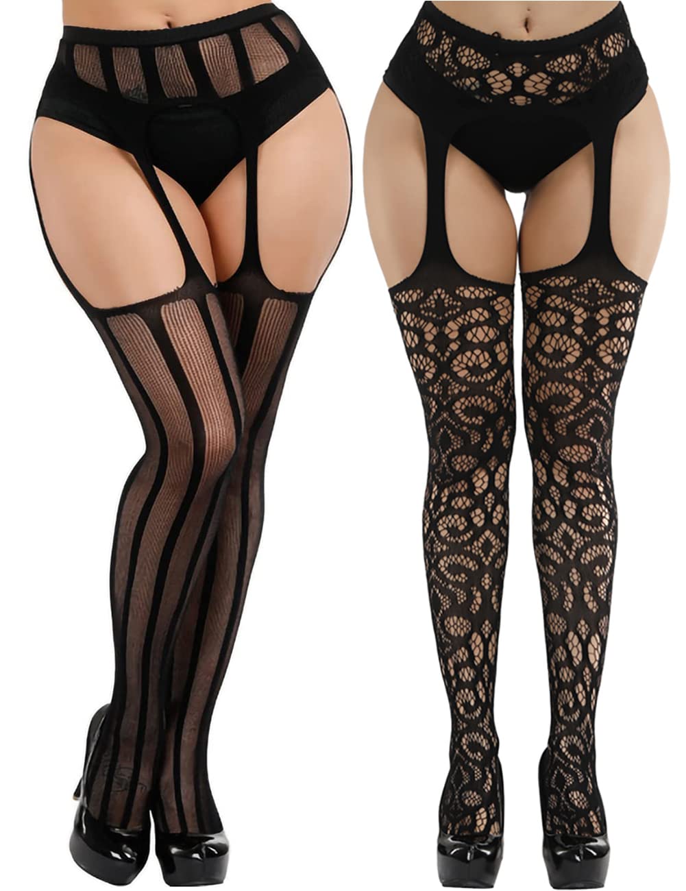 Women's Garter Belt Fishnet Tights Stockings High Waisted Suspender Pantyhose 2 Pairs…