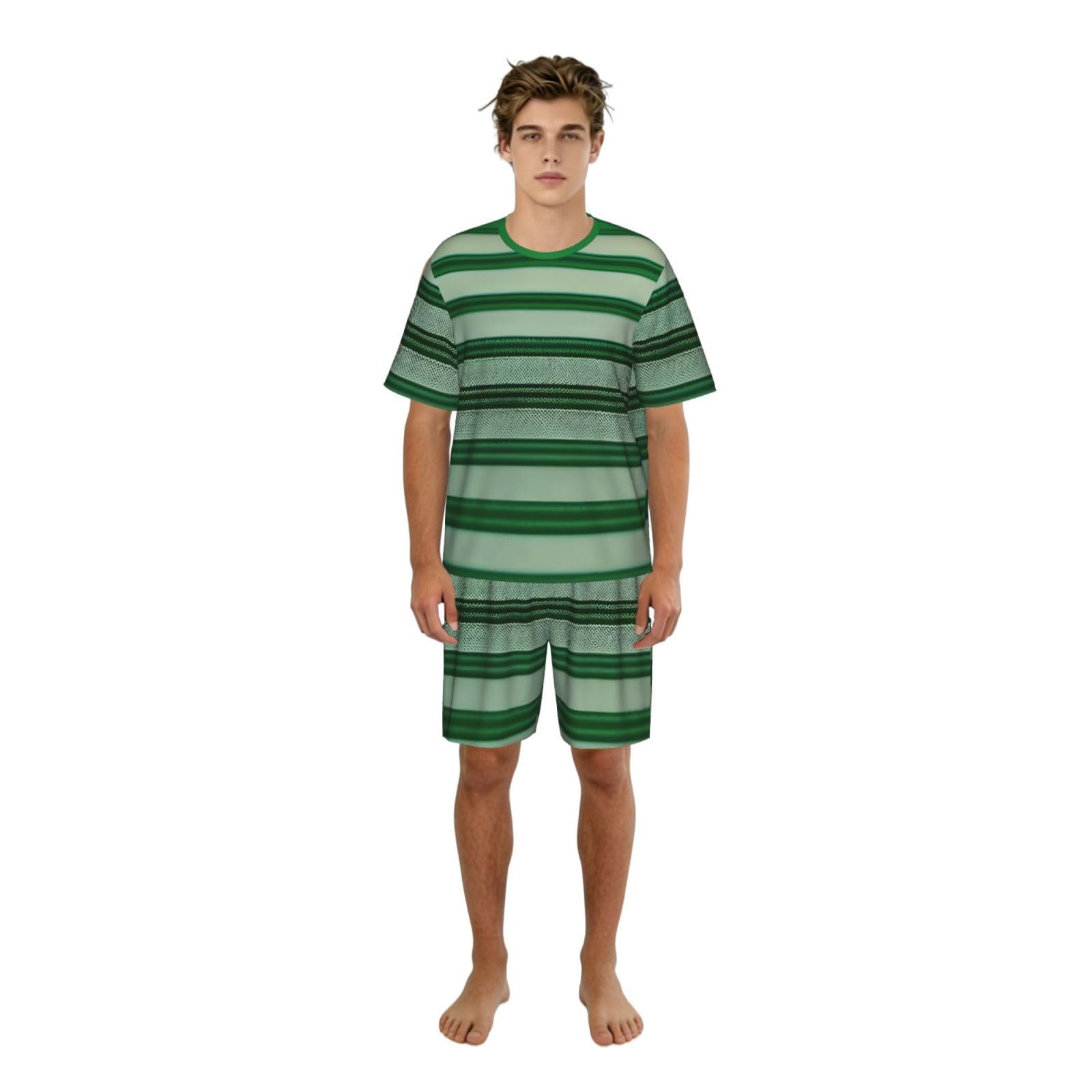 Set pigiama classico da uomo con stampa a righe verdi, pantaloncini da pigiama morbidi per gli uomini, perfetti per le notti estive