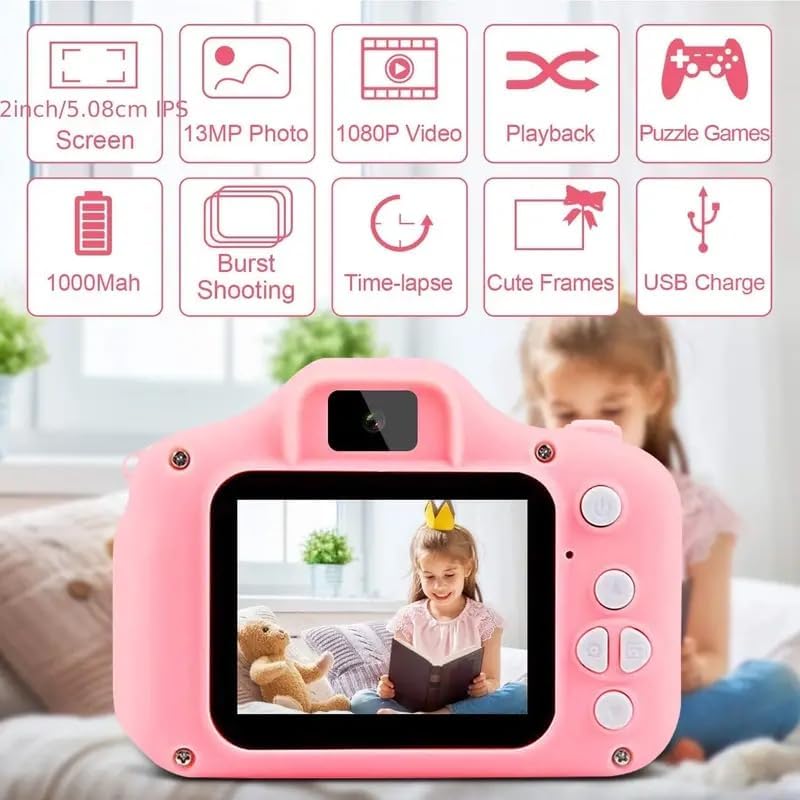 Çeşithane Çocuk Dijital Kamera, 2 inç LCD Ekran, 16MP, 1080P HD Video, Pembe, Oyun ve Çerçeve Özellikli, USB Şarj, Time-lapse ve Burst Çekim, 32GB Hafıza Desteği, Çocuklar İçin - Görsel 2