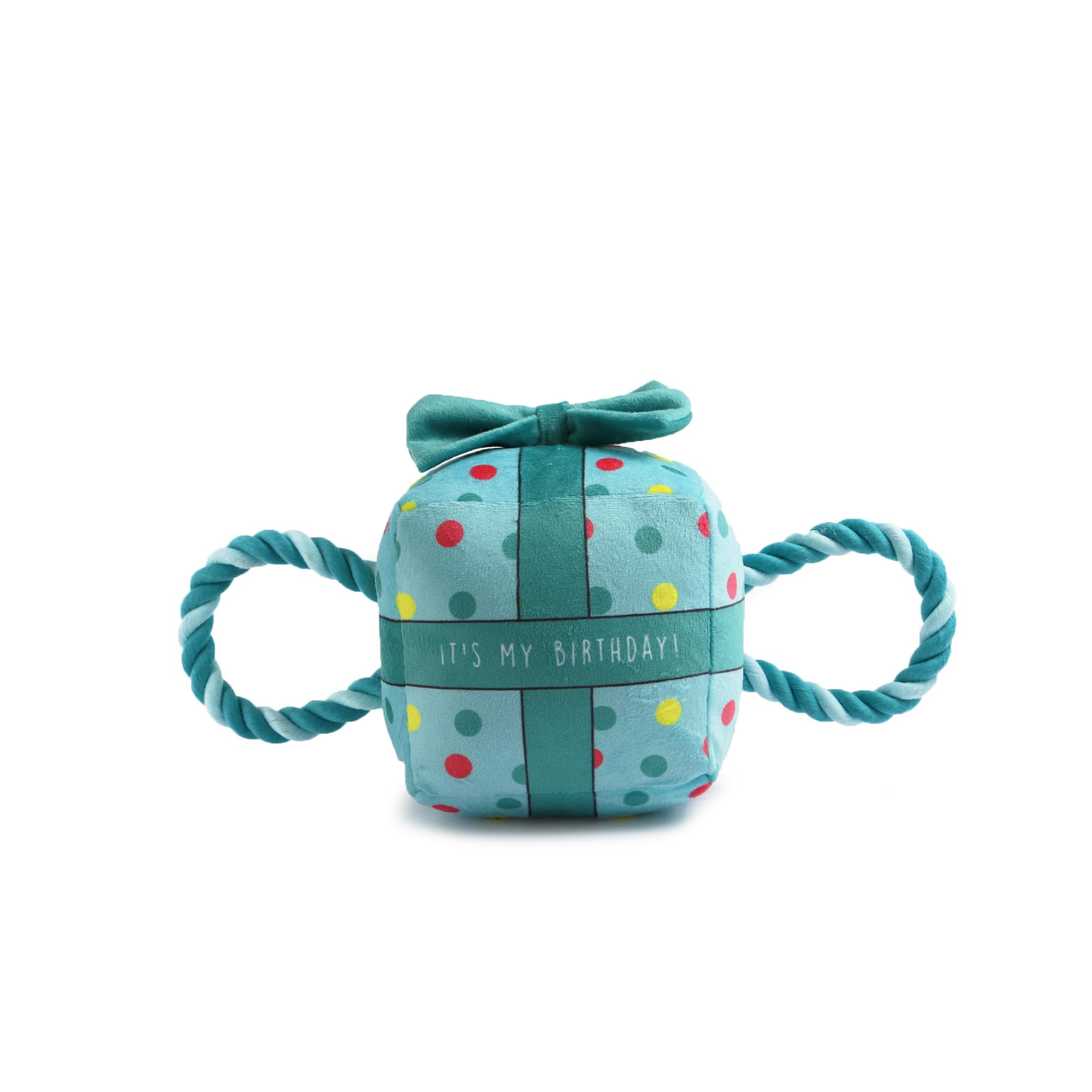 Ancol Its My Birthday Present Blue Dog Tugging Rope Toy Squeaky Strong Fun Interactive Tug of War Playing Retrieve Soft Pet Puppy Plushie Toy - Small