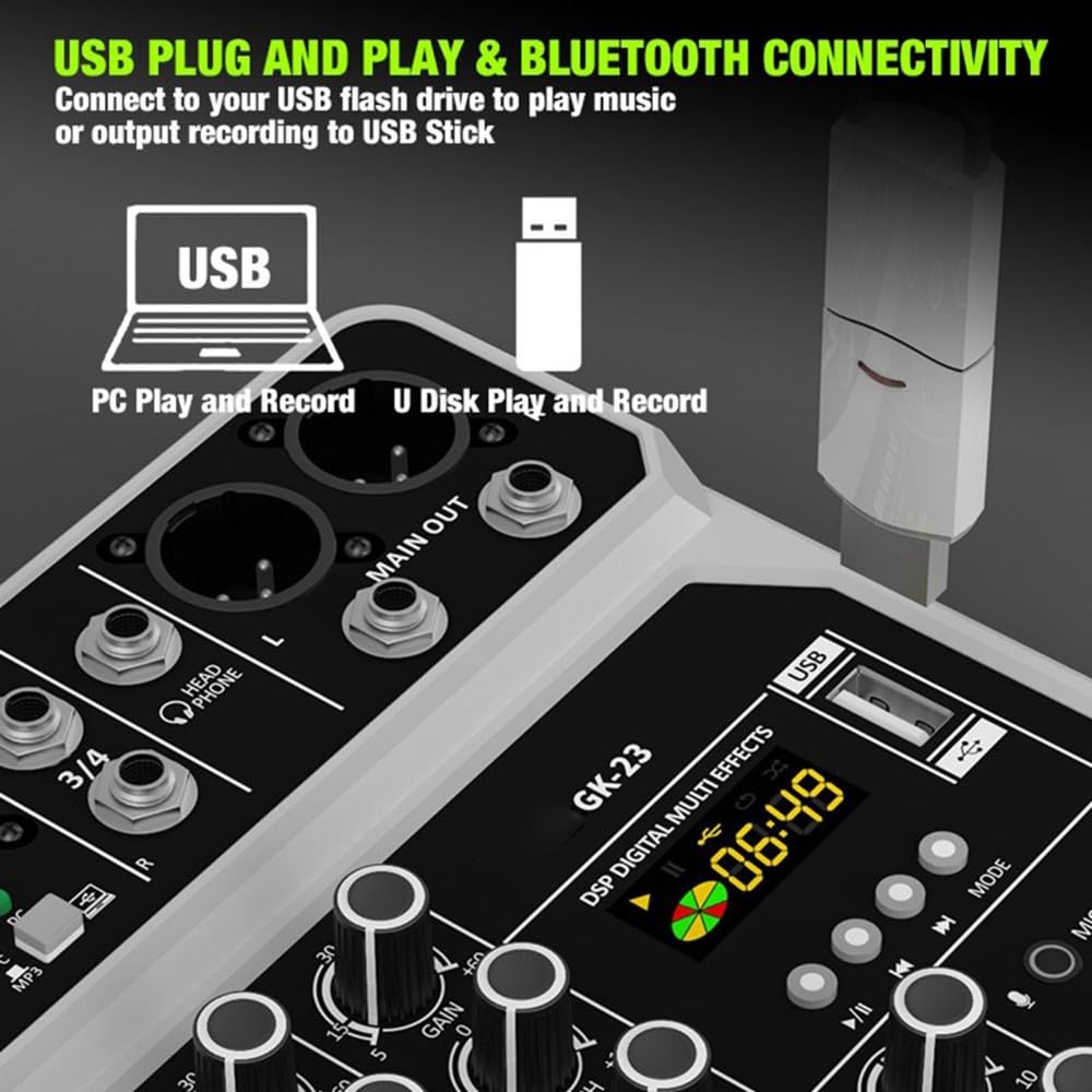Console Mixer Audio Professionale A 4 Canali con Microfono Wireless Bluetooth USB per DJ, Karaoke, PC e Chitarra