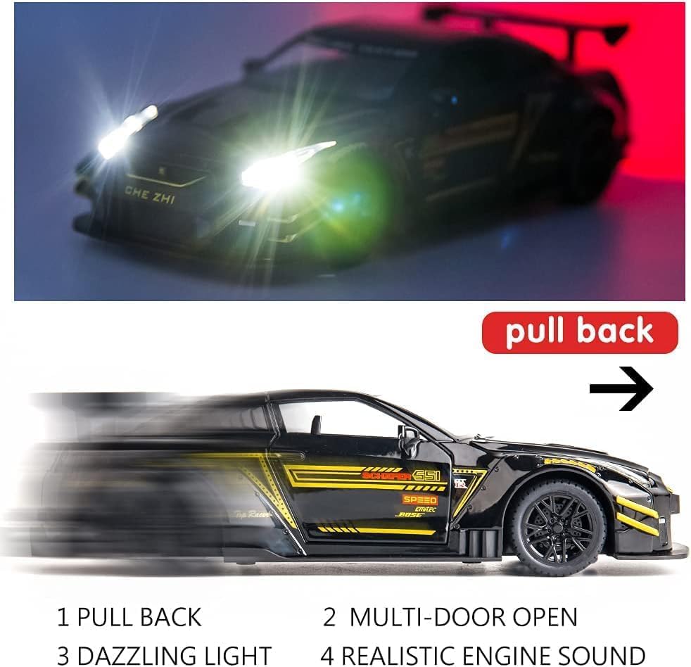 Image of Exclusive Alloy Metal Pull Back Die-Cast Car Diecast Metal Pullback Toy Car with Openable 6 Doors,Light Music Boys Gifts Toys (1:24 Nissan GTR - Black Color)