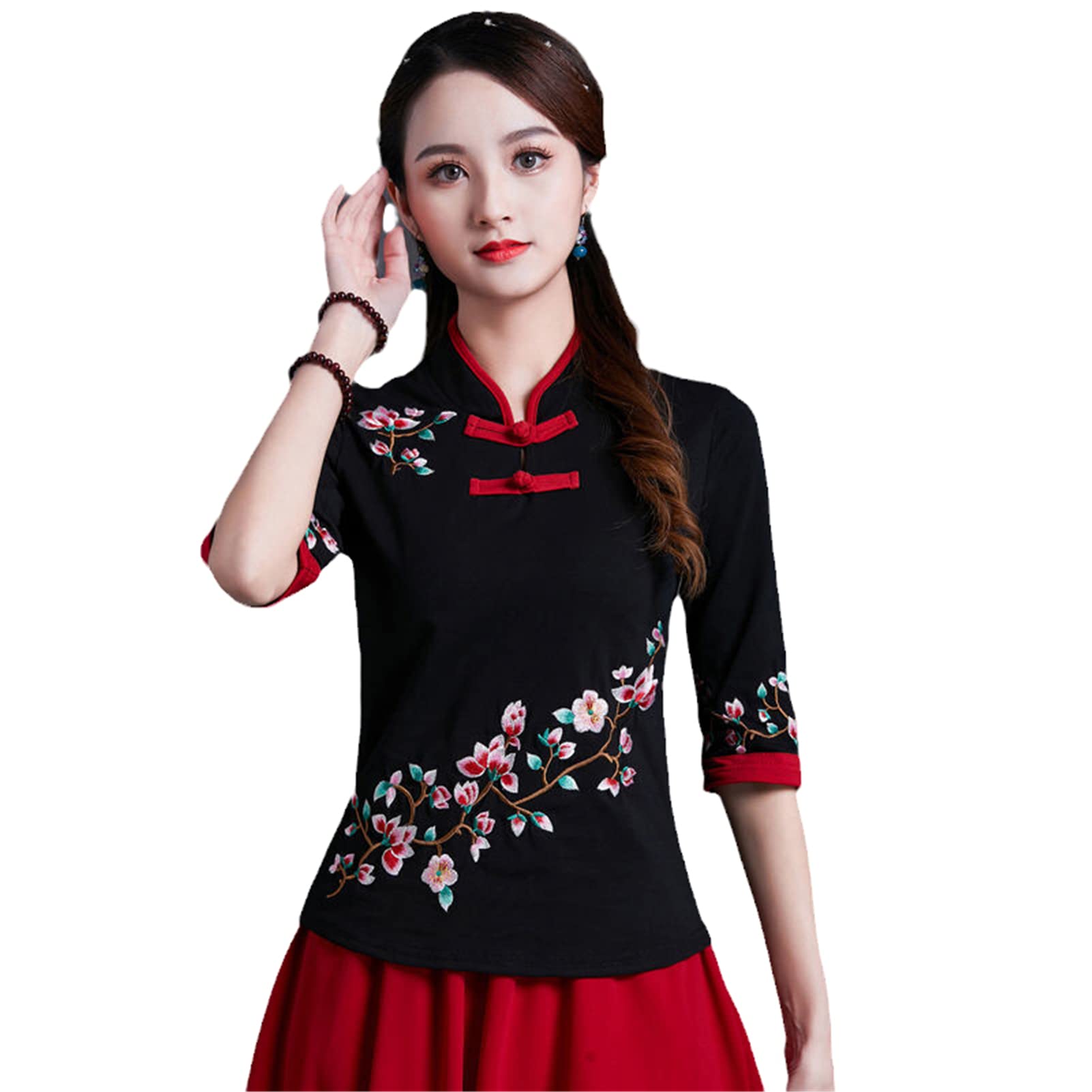 Cheongsam damskie letnie bawełniane hafty łączenie stójka chiński styl Qipao koszule damskie