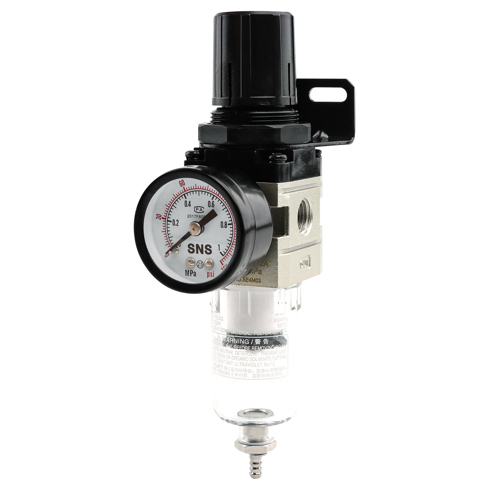 SNS Compressed Air Filter Regulator Piggyback Combo 3/8''NPT- Poly Bowl with Metal Guard, Semi-auto Drain, Bracket, Gauge AW3000-N03A — Amazon image 15