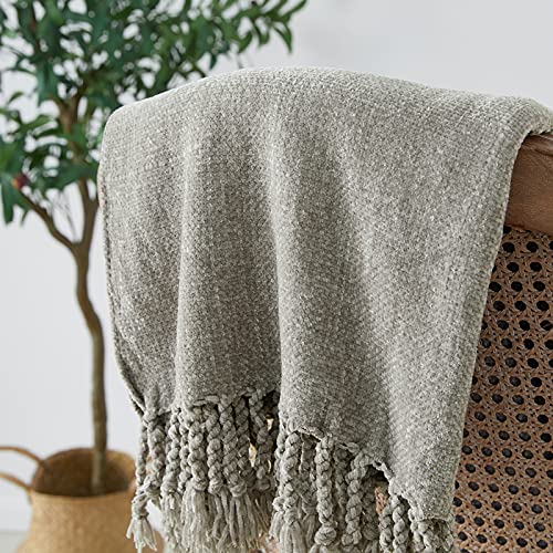 Bourina Chenille-Überwurfdecke mit dekorativen Fransen für Couch, Sofa, Stuhl, 127 x 152 cm, Grau