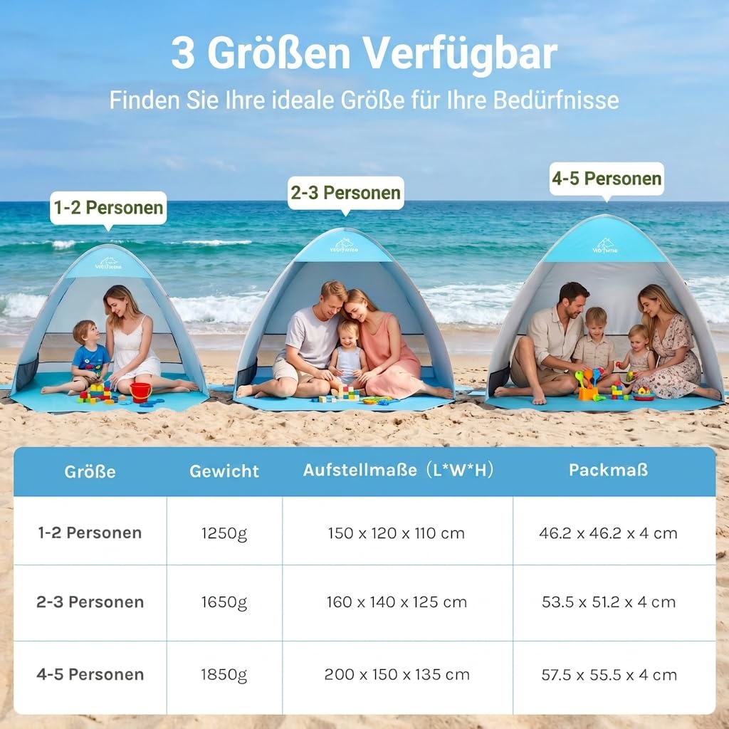 Wolfwise Strandmuschel Pop Up, Strandzelt mit UV-Schutz 50+, Sekundenschneller Aufbau, Wasserabweisend & Belüftet mit Sandtaschen für 2-3 Personen, 150x120x110 cm(59 ×47×43 in), Blau
