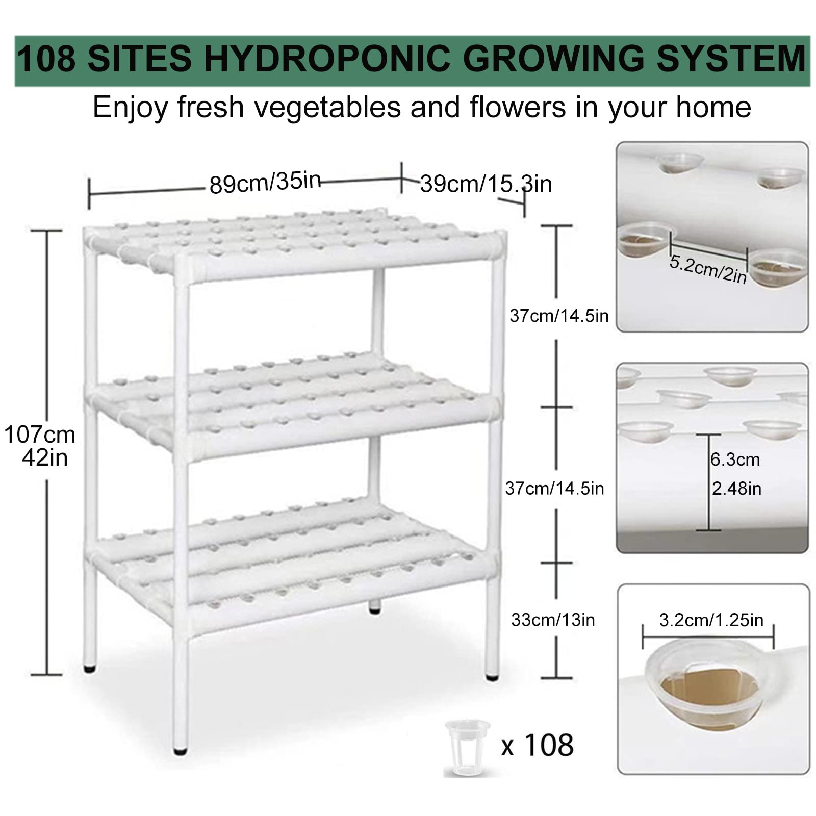 Kit de Sistema de Cultivo Hidropónico 108 Sitios 12 Tuberías de PVC 3 Capas Huerto en Casa, Hydroponic Grow Kit Jardín Inteligente de Interior para Verduras, Frutas, Hierbas, Flores,US