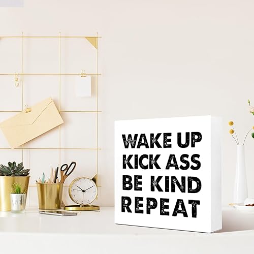 Miniatura 6 de LVQHI Letreros inspiradores de madera para escritorio con estantes de oficina, letrero de madera con texto en inglés "Wake Up Be Kind Repeat",