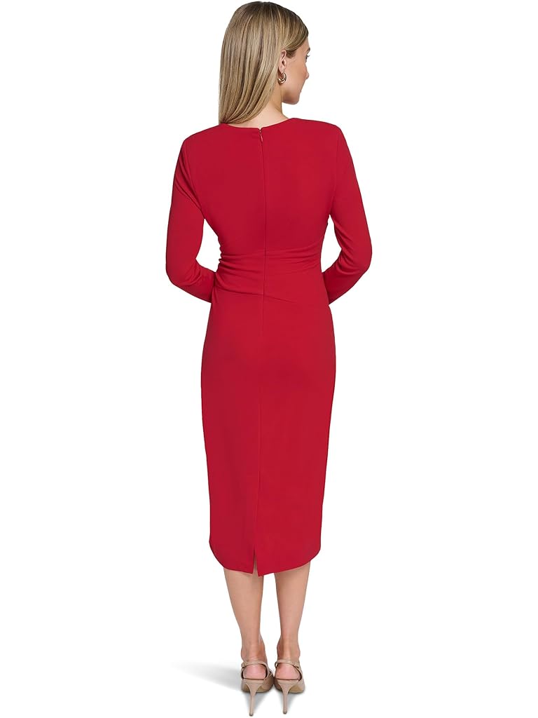 Red Calvin Klein Scuba Crepe Long Sleeve Midi Sheath