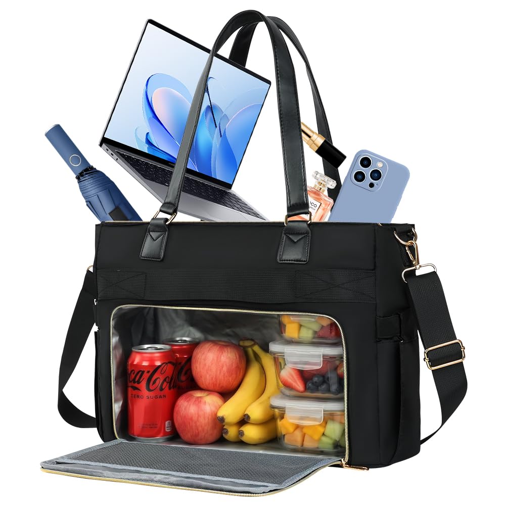 Aolso Lunch Tote Bag da donna 2 in 1, 15,6 Pollici Borsa per il Pranzo Isolata, Borsa per Computer Portatile con Scomparto per il Pranzo, Borsas Termica per Lavoro, Ufficio e Università, Nero